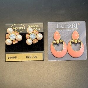 Monet Pearl and Pink Crystal Earrings and Trifari Drop Earrings